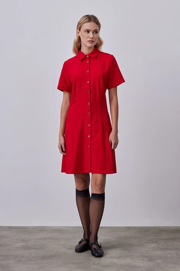 Dress with Pleated and Button - Red - 3