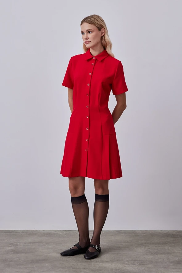 Dress with Pleated and Button - Red - 2