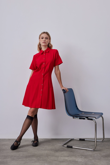 Dress with Pleated and Button - Red Red