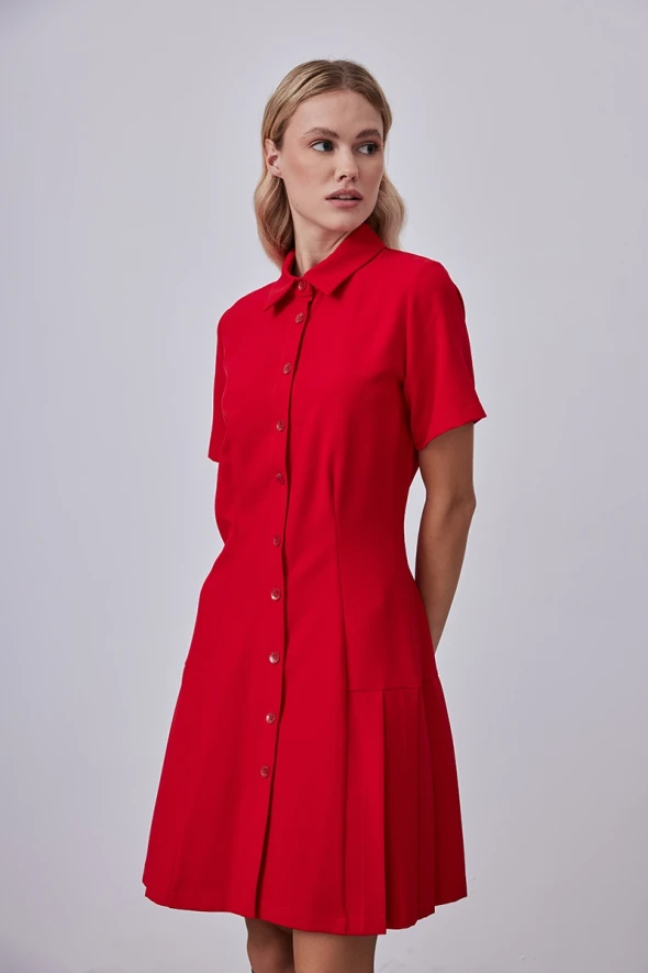 Dress with Pleated and Button - Red - 6