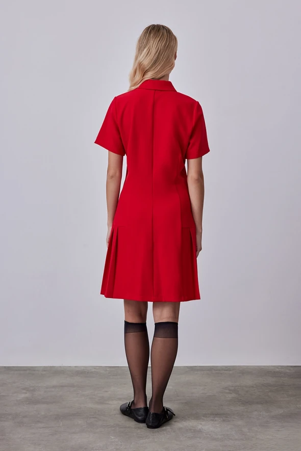 Dress with Pleated and Button - Red - 8