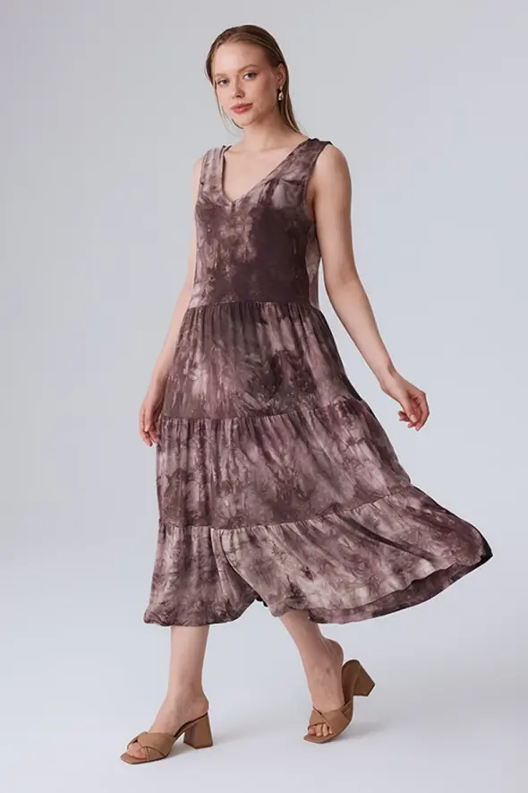 Dress with Tie Dye Patterned - Brown - 3