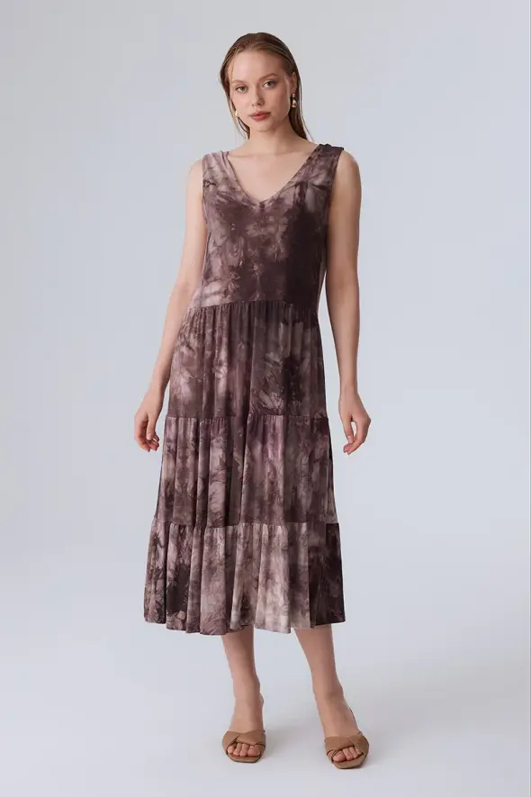 Dress with Tie Dye Patterned - Brown - 1