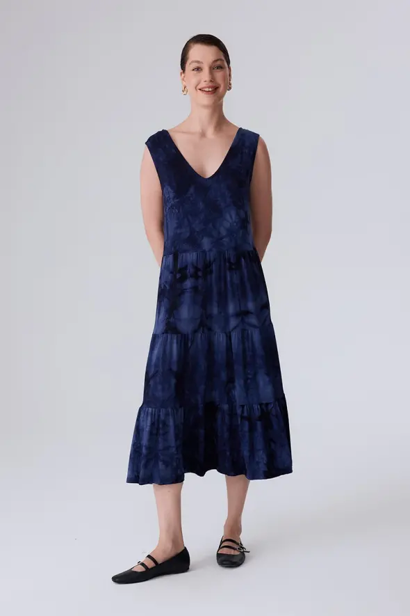 Dress with Tie Dye Patterned - Navy Blue - 1