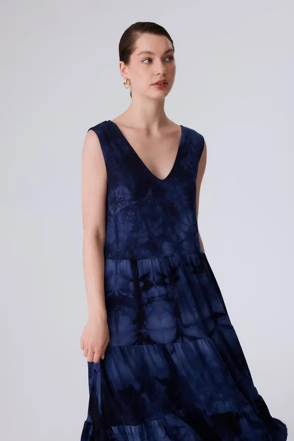 Dress with Tie Dye Patterned - Navy Blue - 2