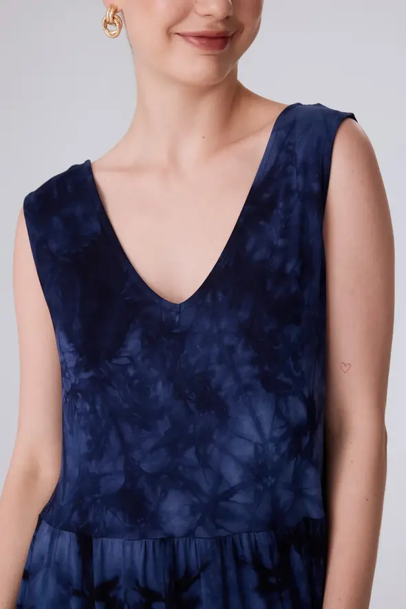 Dress with Tie Dye Patterned - Navy Blue - 4