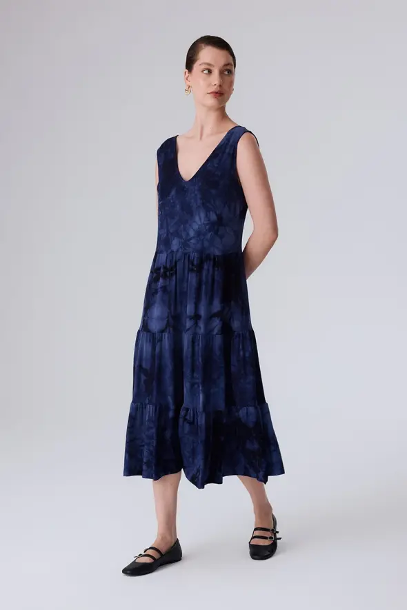 Dress with Tie Dye Patterned - Navy Blue - 3