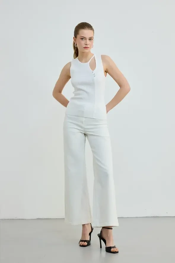 Droplet Detail Sleeveless Knit Blouse - Ecru - 2