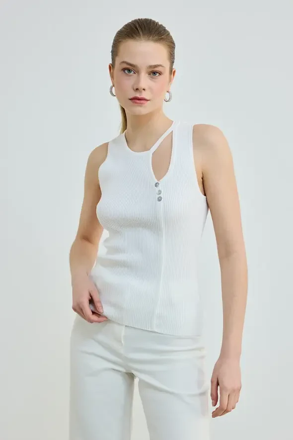 Droplet Detail Sleeveless Knit Blouse - Ecru - 1