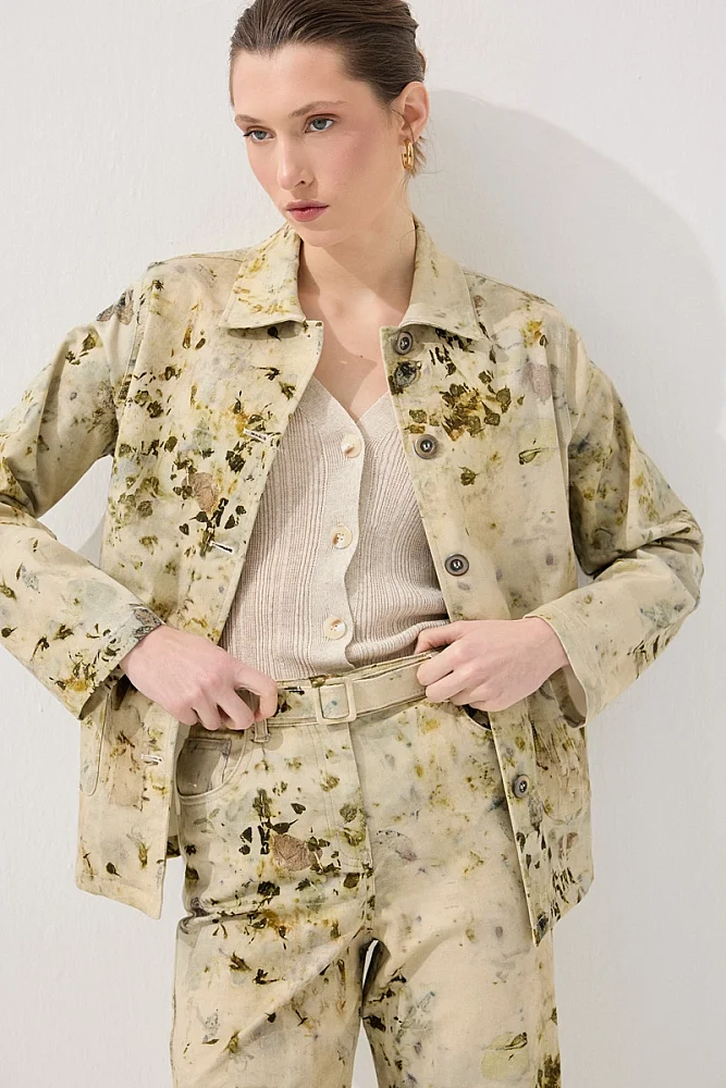 Eco Print Patterned Canvas Jacket - Green - Gusto (1)