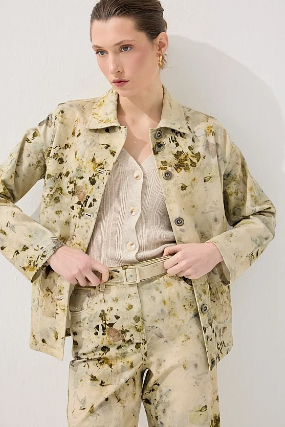 Eco Print Patterned Canvas Jacket - Green - Gusto