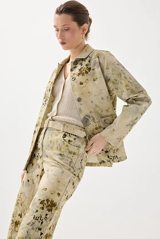 Eco Print Patterned Canvas Jacket - Green - Gusto