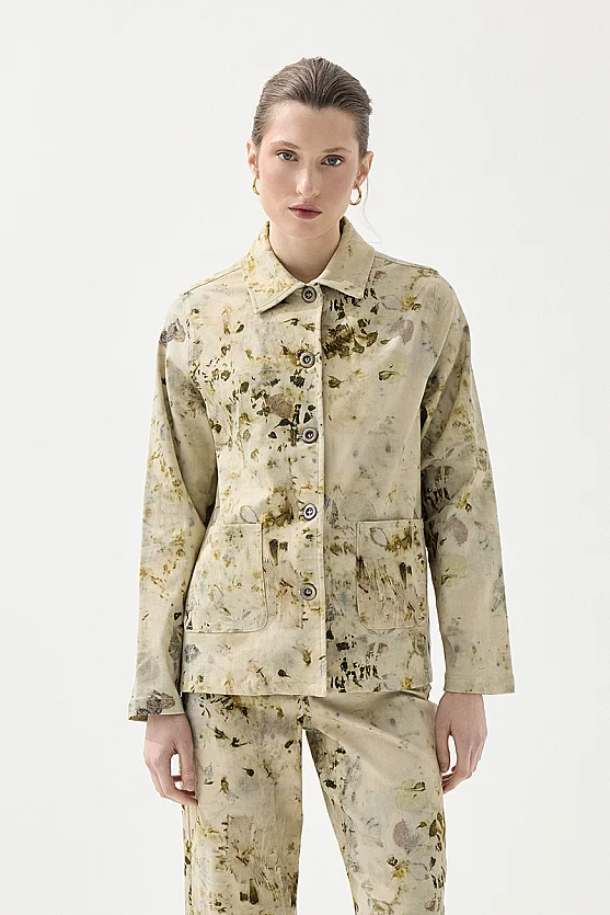 Eco Print Patterned Canvas Jacket - Green - 1
