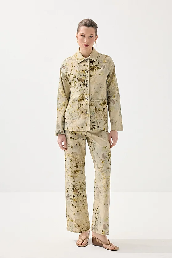 Eco Print Patterned Wide Leg Pants - Green - Gusto