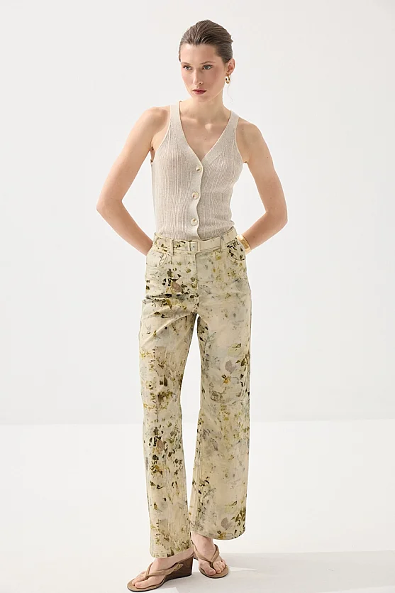 Eco Print Patterned Wide Leg Pants - Green - 1