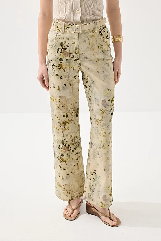 Eco Print Patterned Wide Leg Pants - Green - Gusto