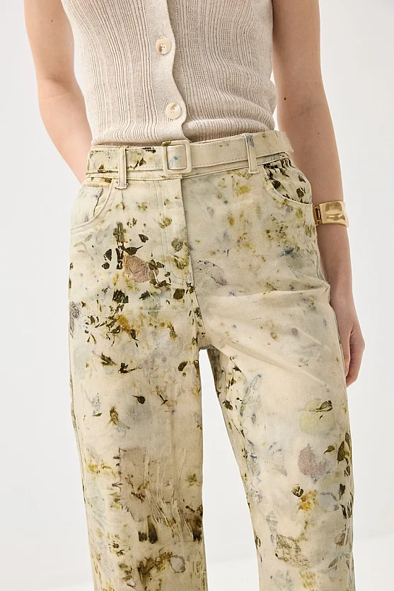 Eco Print Patterned Wide Leg Pants - Green - Gusto