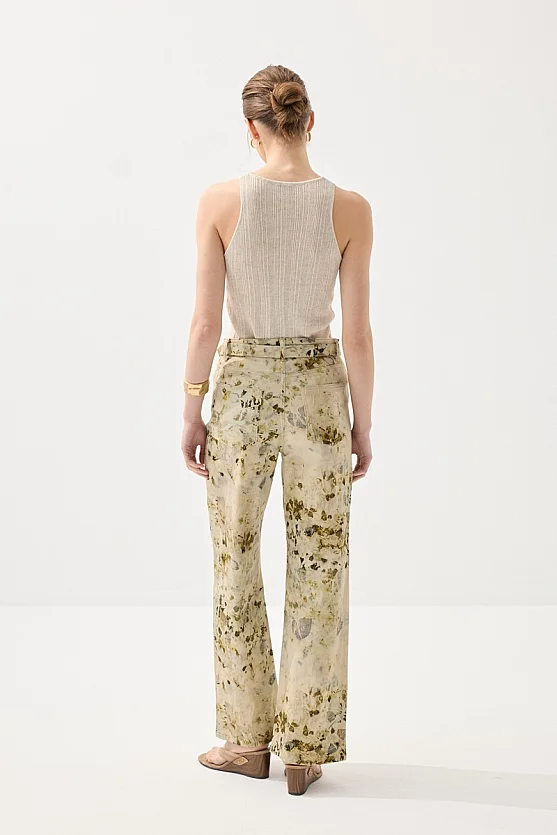 Eco Print Patterned Wide Leg Pants - Green - Gusto