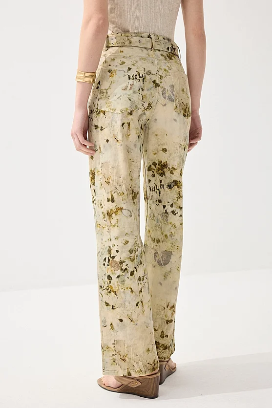 Eco Print Patterned Wide Leg Pants - Green - Gusto