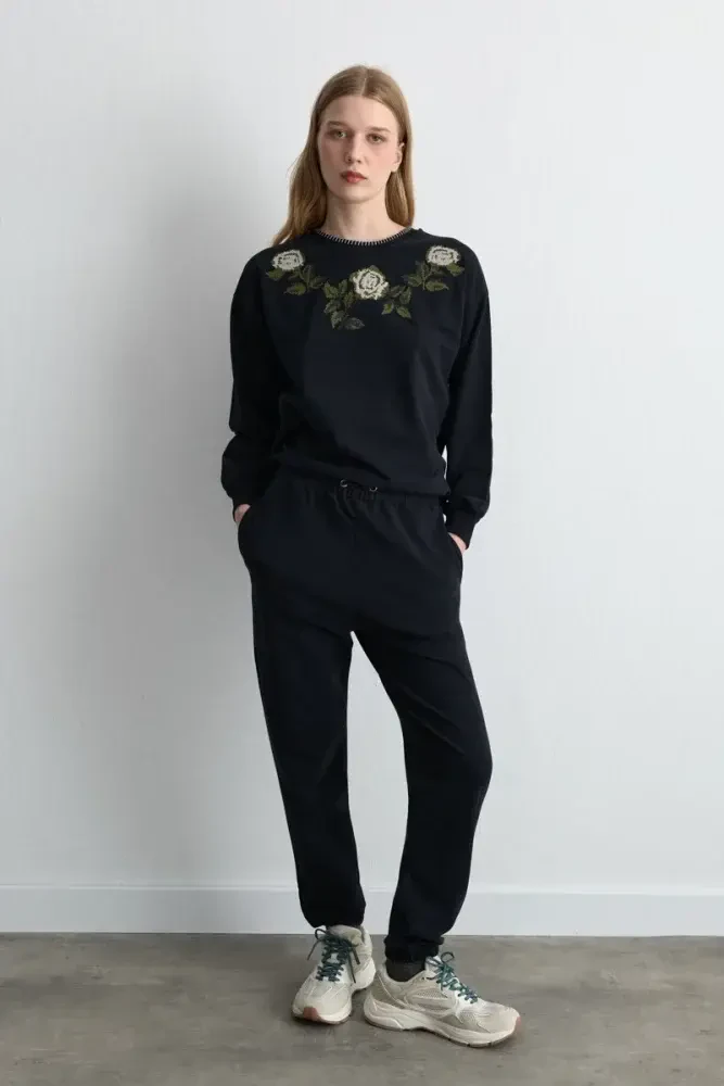 Elastic Hem Cotton Sweatpants - Black Black