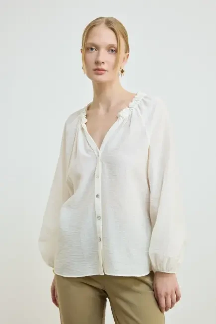 Elastic Neck Relaxed Cut Viscose Blouse - Ecru Ecru