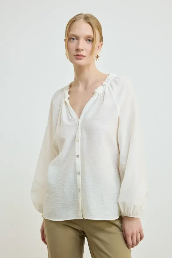 Elastic Neck Relaxed Cut Viscose Blouse - Ecru - 1
