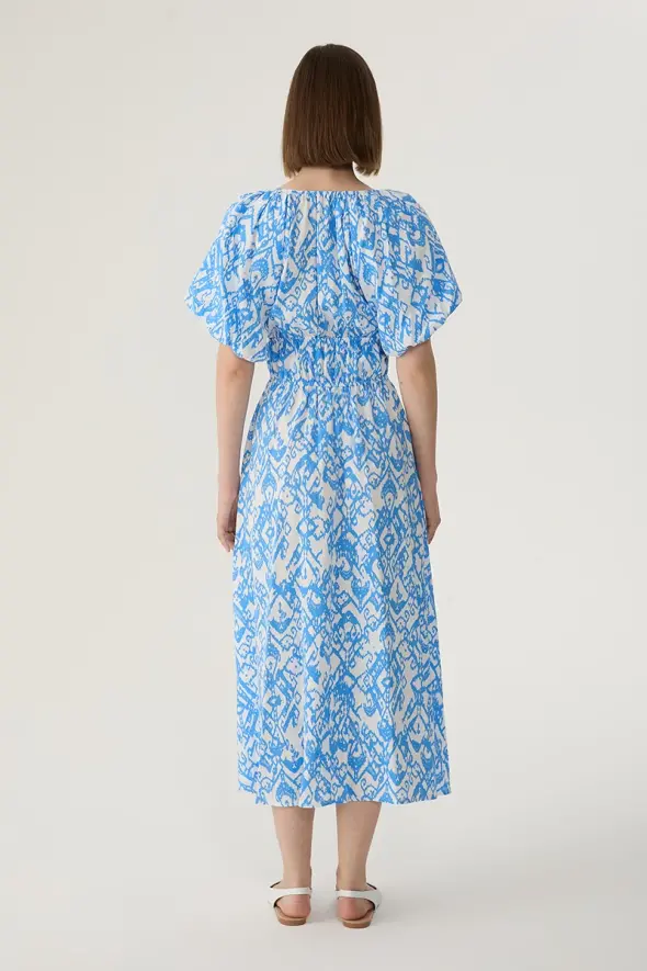 Elastic Shoulder Patterned Linen Dress - Blue - 5