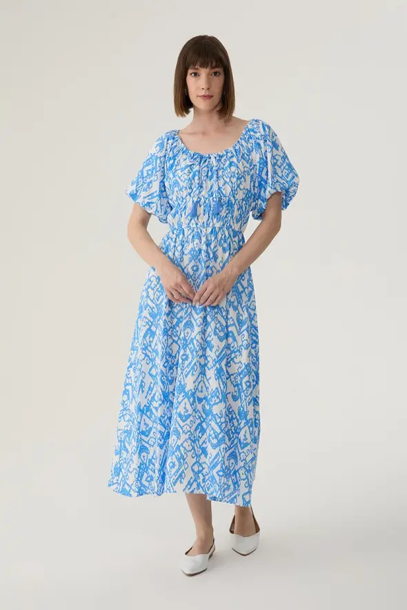 Elastic Shoulder Patterned Linen Dress - Blue - 2