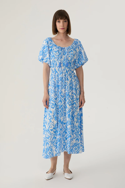 Elastic Shoulder Patterned Linen Dress - Blue Blue