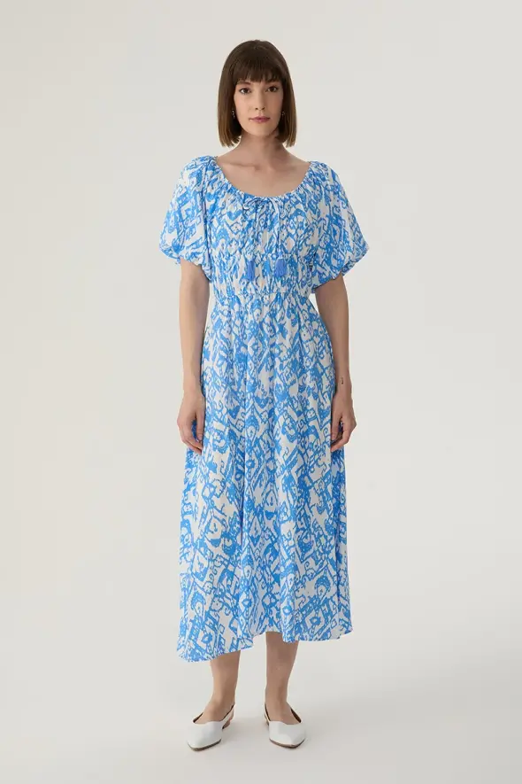 Elastic Shoulder Patterned Linen Dress - Blue - 1