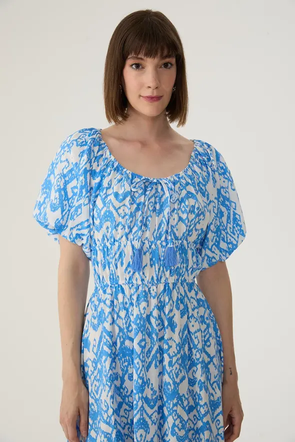 Elastic Shoulder Patterned Linen Dress - Blue - 3