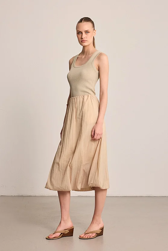 Elastic Waist Balloon Maxi Skirt - Beige - 1