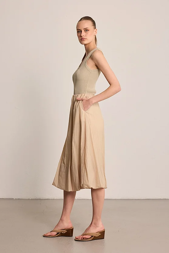 Elastic Waist Balloon Maxi Skirt - Beige - 5
