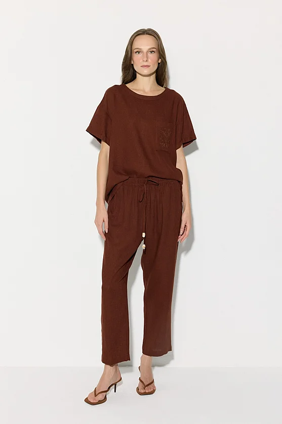 Elastic Waist Carrot-Cut Linen Pants - Brick Red - Gusto