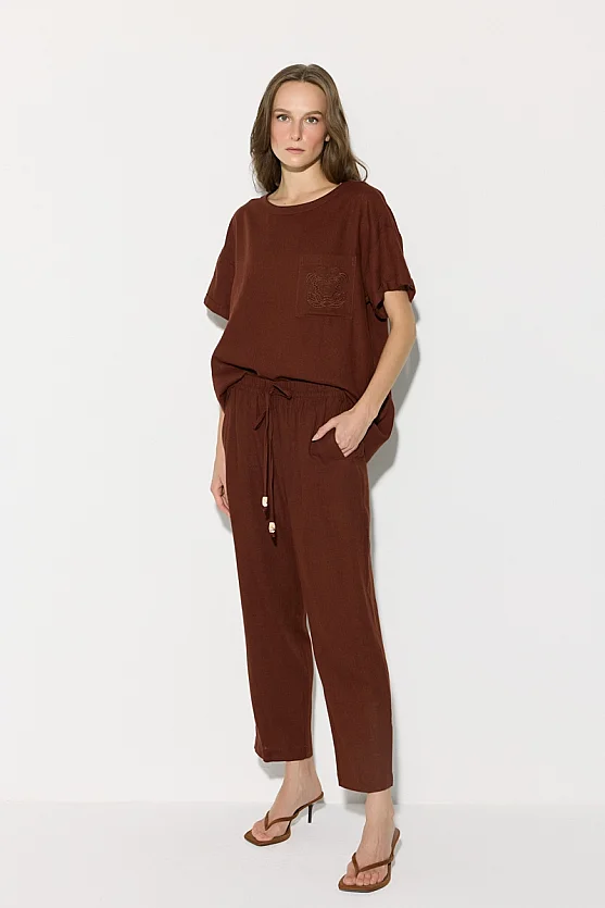 Elastic Waist Carrot-Cut Linen Pants - Brick Red - Gusto