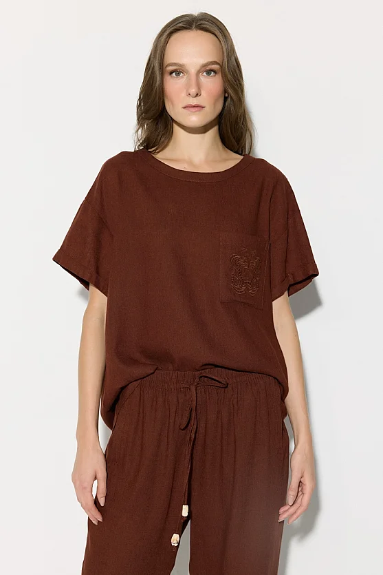 Elastic Waist Carrot-Cut Linen Pants - Brick Red - Gusto