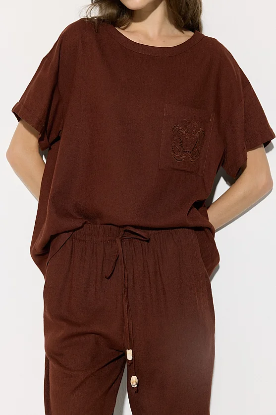 Elastic Waist Carrot-Cut Linen Pants - Brick Red - Gusto