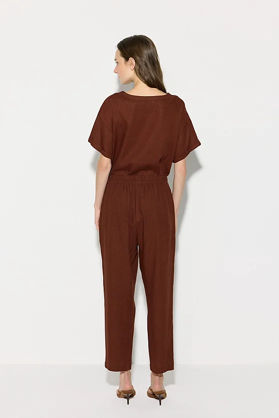 Elastic Waist Carrot-Cut Linen Pants - Brick Red - Gusto