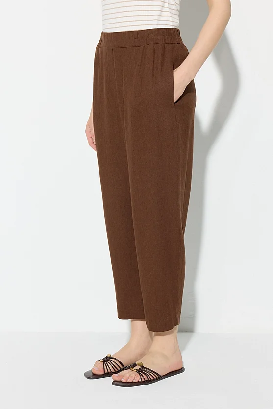 Elastic Waist Carrot-Cut Linen Pants - Brown - Gusto