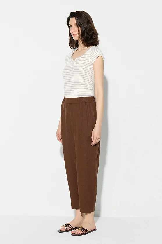 Elastic Waist Carrot-Cut Linen Pants - Brown - Gusto