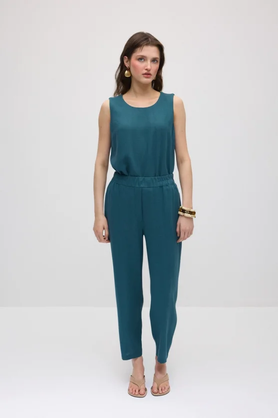 Elastic Waist Carrot-Cut Linen Pants - Green - 4