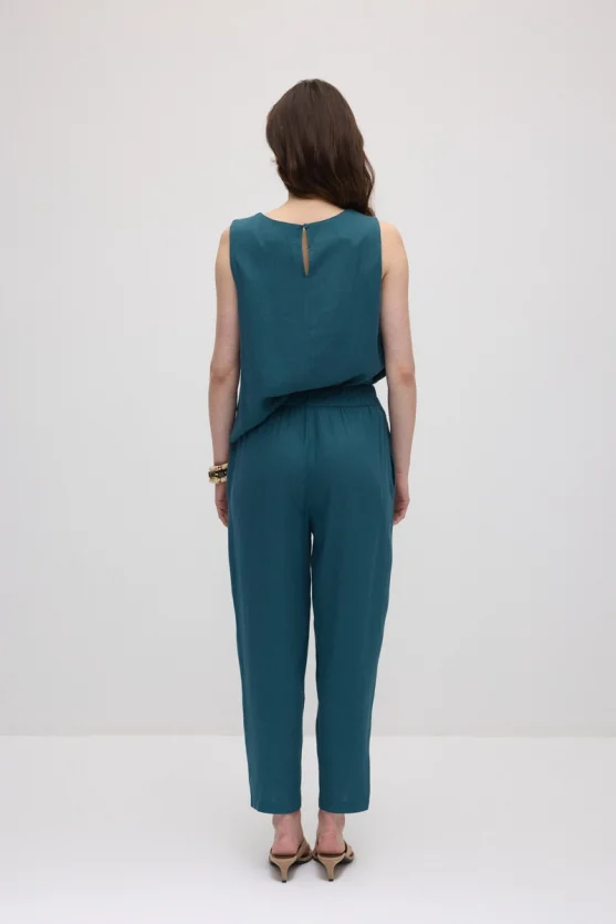 Elastic Waist Carrot-Cut Linen Pants - Green - 6