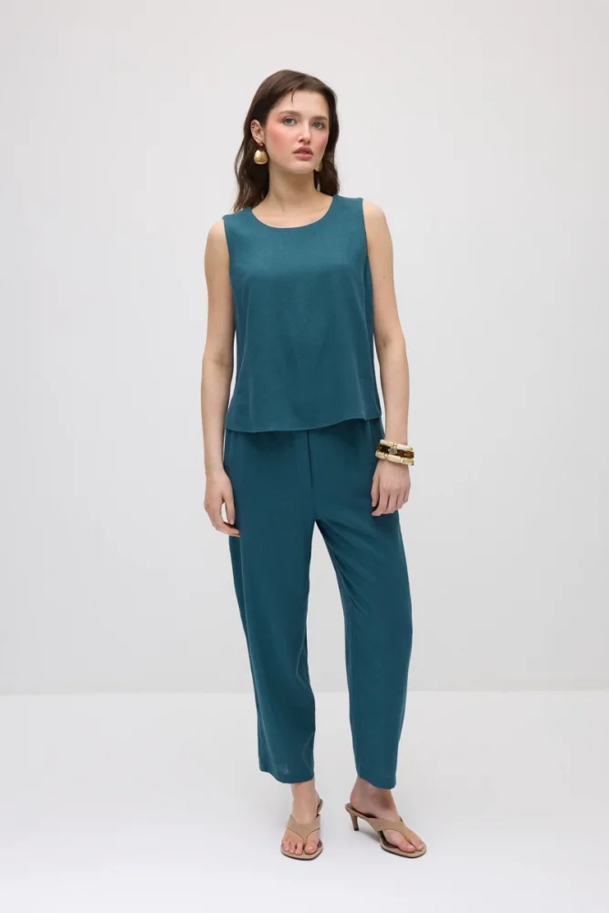Elastic Waist Carrot-Cut Linen Pants - Green - Gusto