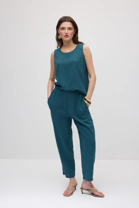 Elastic Waist Carrot-Cut Linen Pants - Green - Gusto