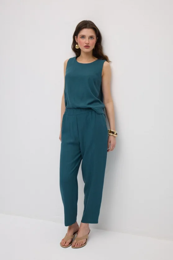 Elastic Waist Carrot-Cut Linen Pants - Green - Gusto