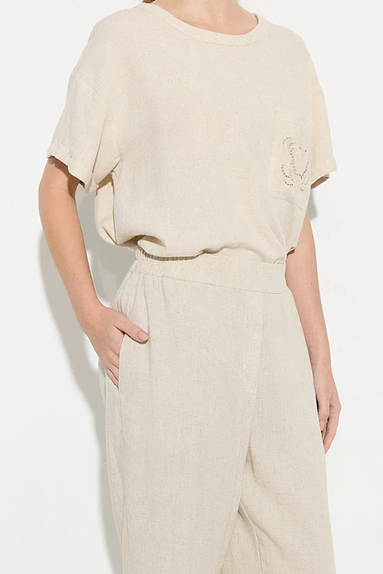 Elastic Waist Carrot Fit Linen Trousers - Beige - Gusto