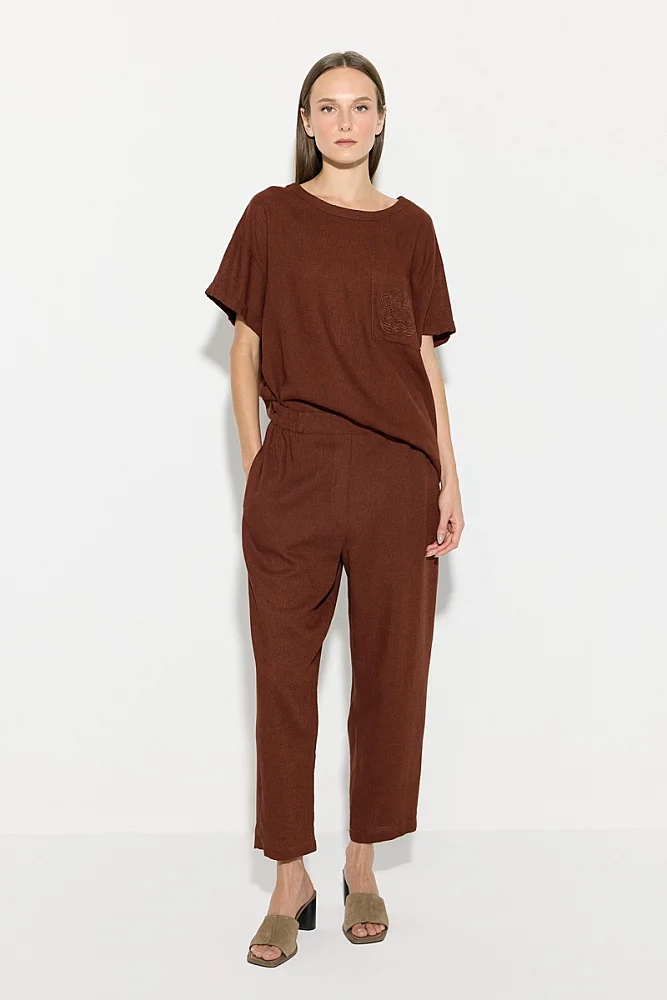 Elastic Waist Carrot Fit Linen Trousers - Brick - Gusto