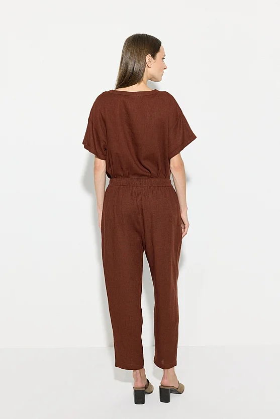 Elastic Waist Carrot Fit Linen Trousers - Brick - Gusto