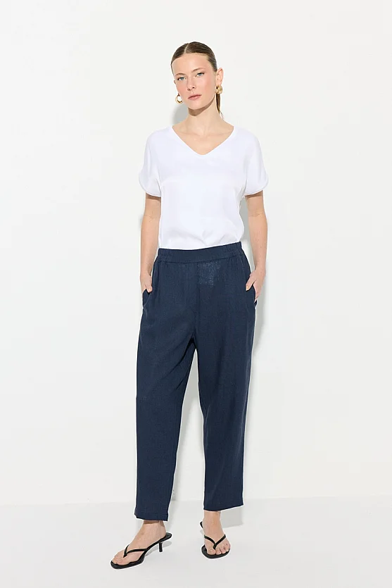 Elastic Waist Carrot Fit Linen Trousers - Navy Blue - Gusto