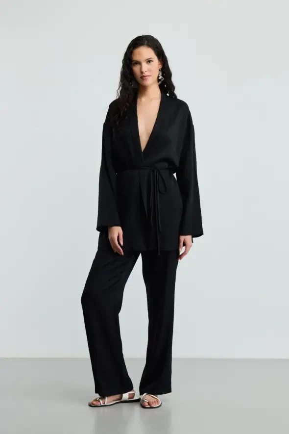 Elastic Waist Crinkle Pants - Black - 1